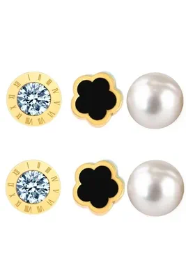 Boucle-d-oreille 3 paires chiffre romain fleur perle Or 5FCF0C 