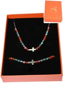 Coffret coffret parure bijoux pierre minérale croix Argent